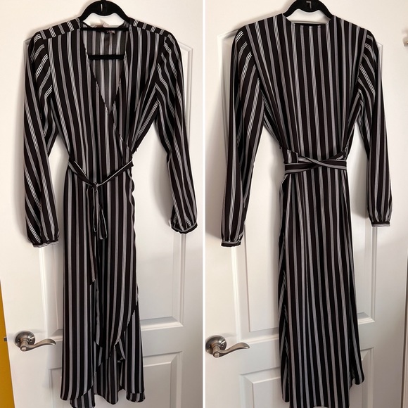 LOFT Striped Midi Black & White Wrap Dress, size S - Picture 6 of 10